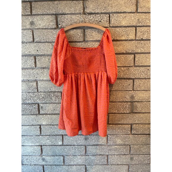 Nobodys Child Orange & Pink Textured Smocked Mini Dress With Puff Sleeves UK 18 - Picture 1 of 6